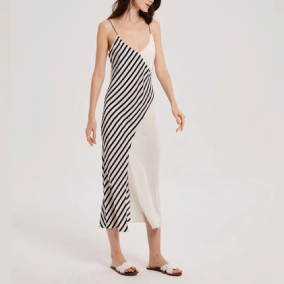 Nap Loungewear Dresses & Skirts - Nap Loungewear Contrast Stripe Silk Midi Dress Slip Black White Ivory